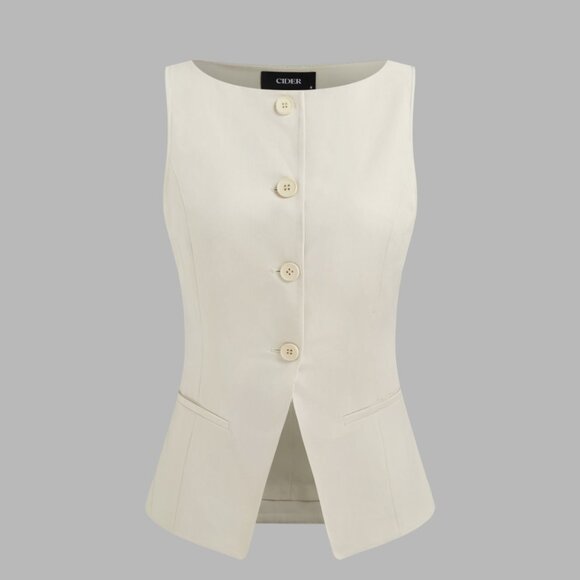 Woven Boat Neck Solid Button Vest - Picture 7 of 7